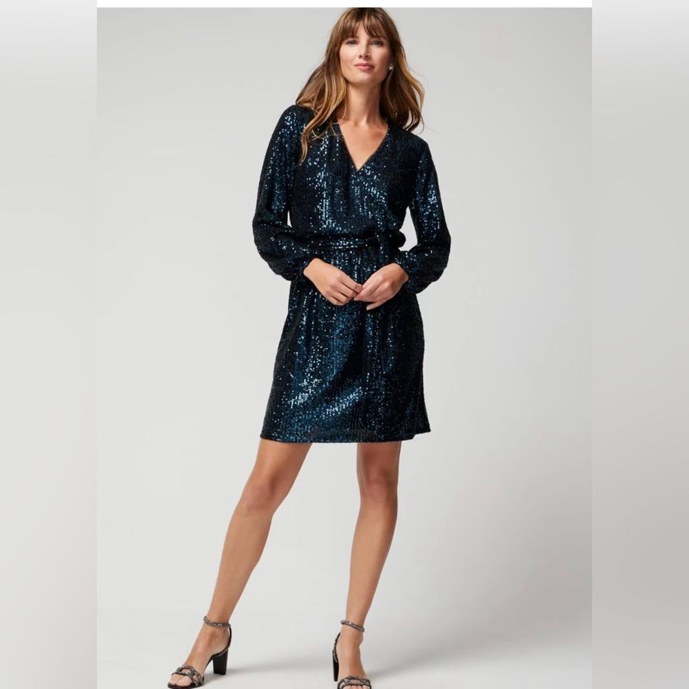 White House Black Market Long Sleeve Sequin Surplice Blouson Dress SZ  XS Blue